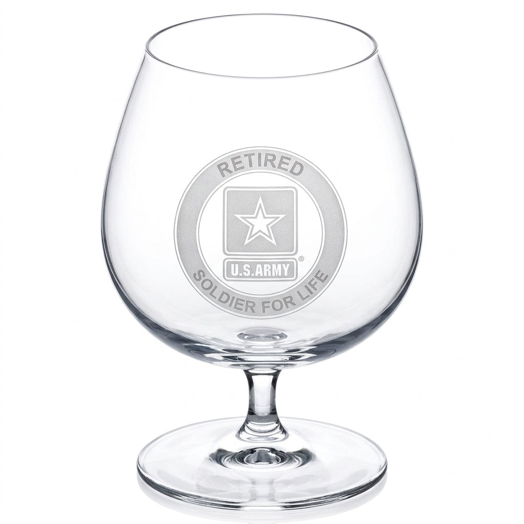 U.S Army logo "SOLDIER FOR LIFE " on brandy snifter