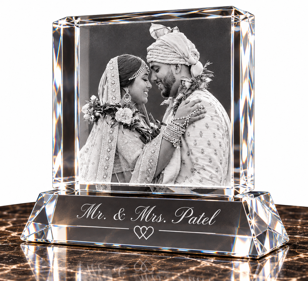 Couple with personalized 3D crystal wedding keepsake