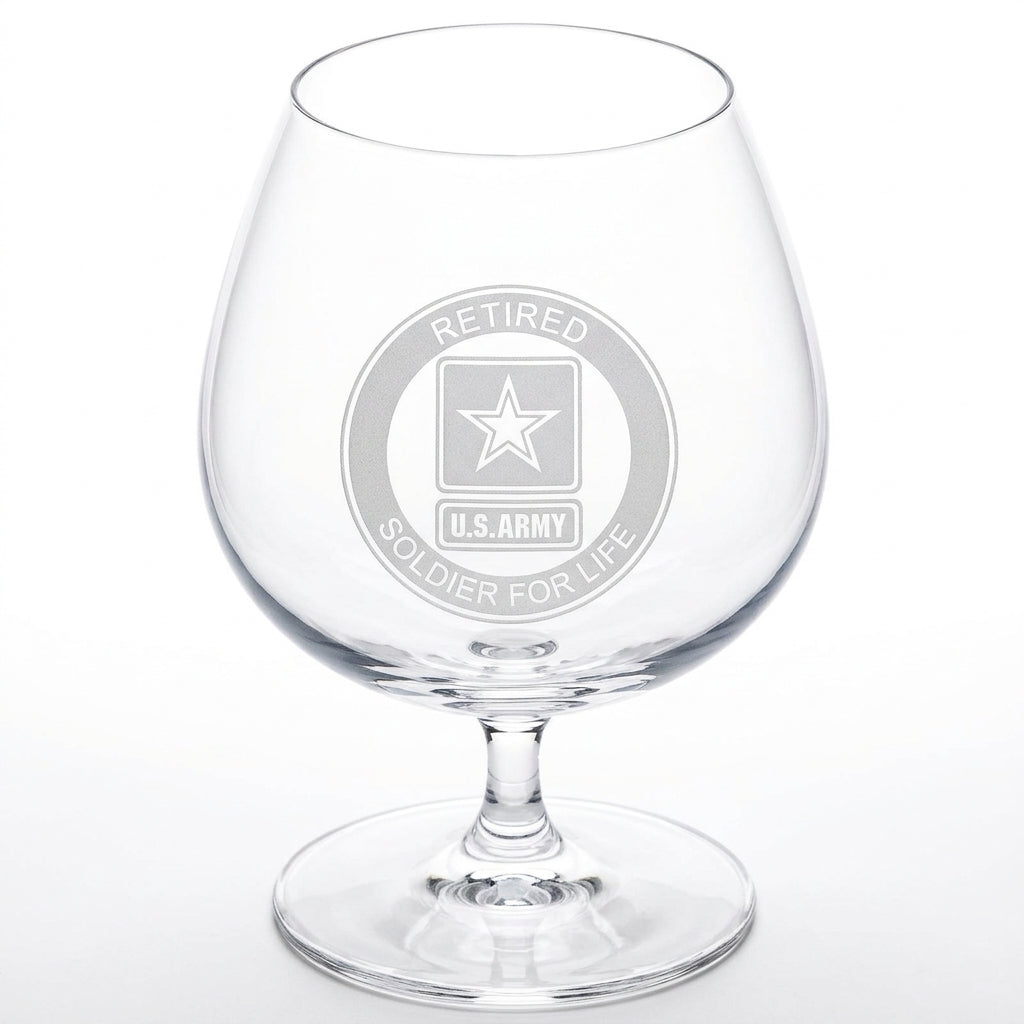 US Army logo 'retired soldier for life'  engraved on brandy snifter