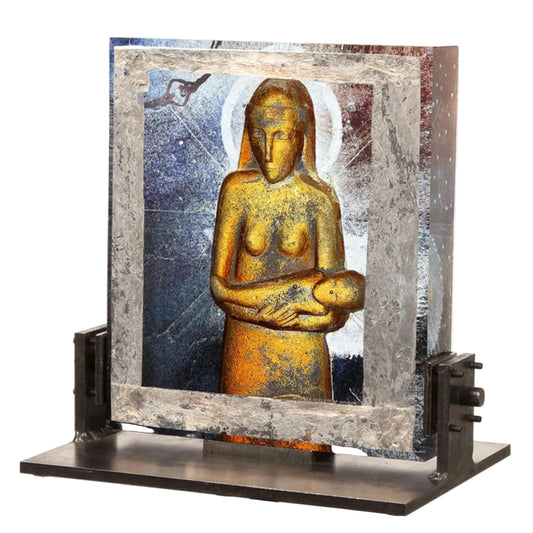 Decorative piece with a gold statue of a woman holding a child against a textured background