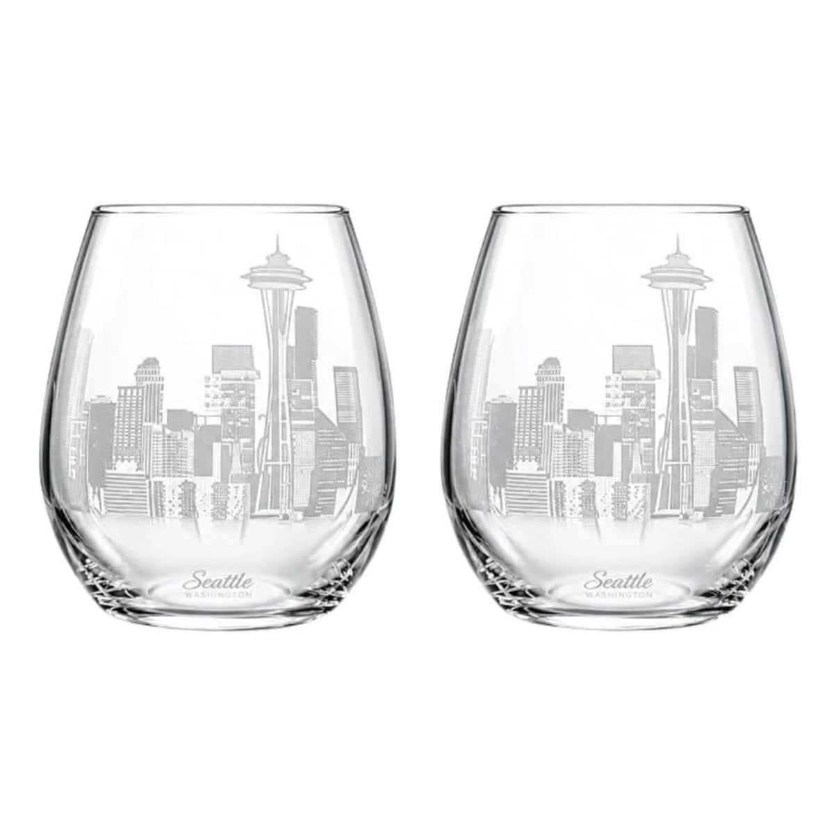Two clear stemless wine glasses with an etched Seattle skyline design, including the Space Needle, on a plain white background.