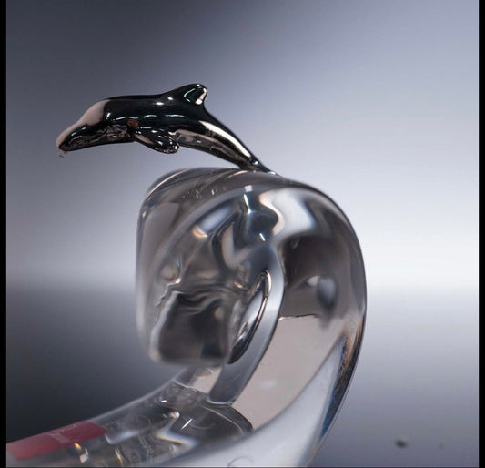 Baccarat Crystal Figurine, Chrome Dolphin on Wave Crystal House - Replacements