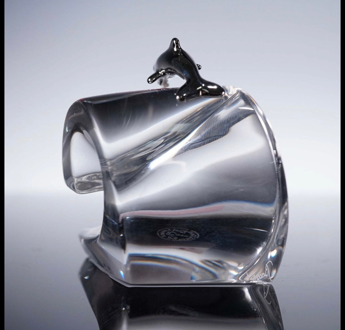 Baccarat Crystal Figurine, Chrome Dolphin on Wave Crystal House - Replacements