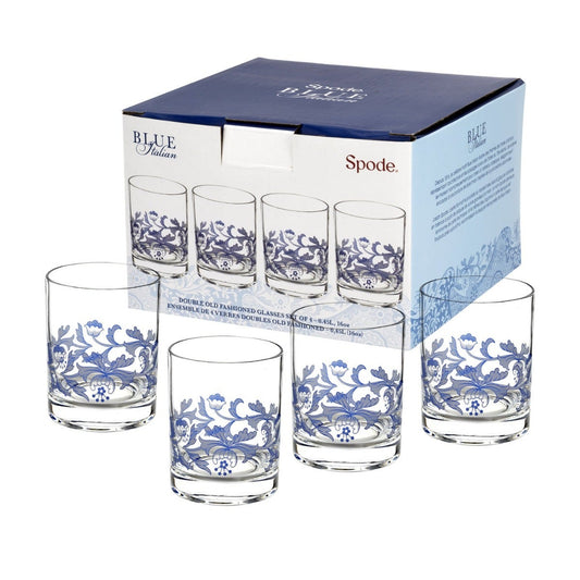 Spode Blue Italian Double Old Fashioned Glass Set of 4 – Luxury Whiskey Tumblers