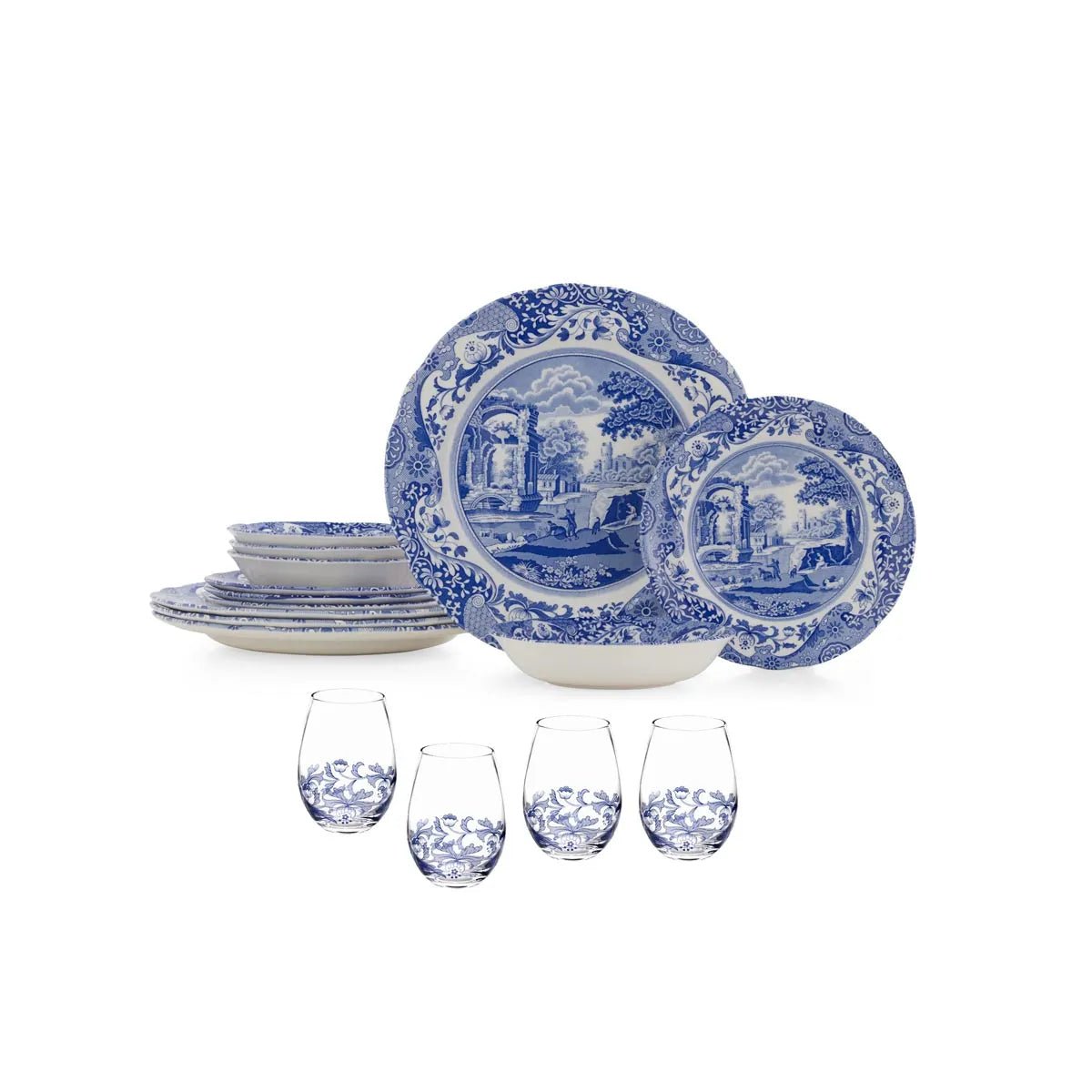 Blue Italian 16PC Set W/Stemless Wine glasses Spode - Crystal House