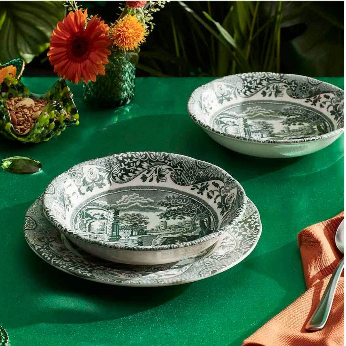 Spode Heritage Green Italian Cereal Bowls – Set of 4 Classic British Earthenware Dishes Spode