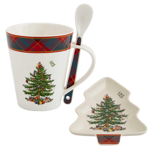 Spode Christmas Tree Tartan Mug Spoon Set – Housewarming Gift Idea Spode