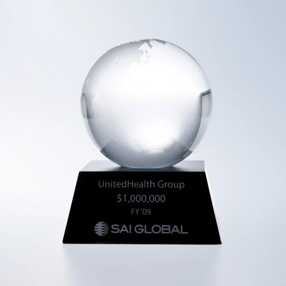 CLEAR OCEAN GLOBE W/ BLACK ALUMINUM BASE Crystal House - Prism
