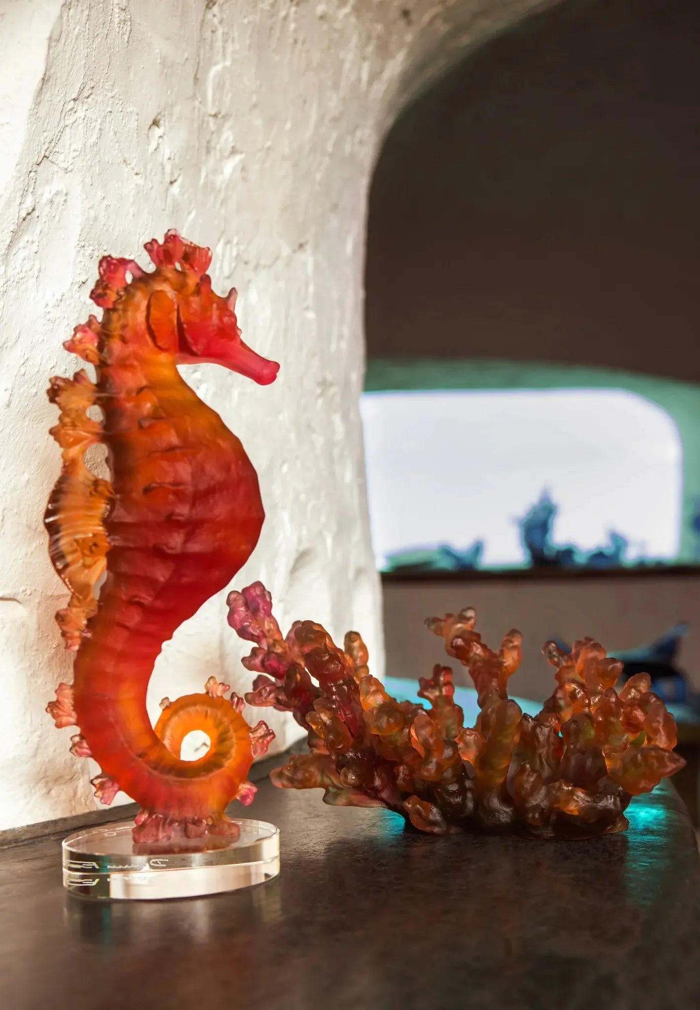 Coral Sea Amber Red Seahorse Daum