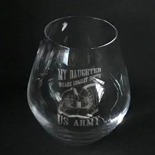 Custom US Army combat boots  logo on stemless wine glass Crystal House