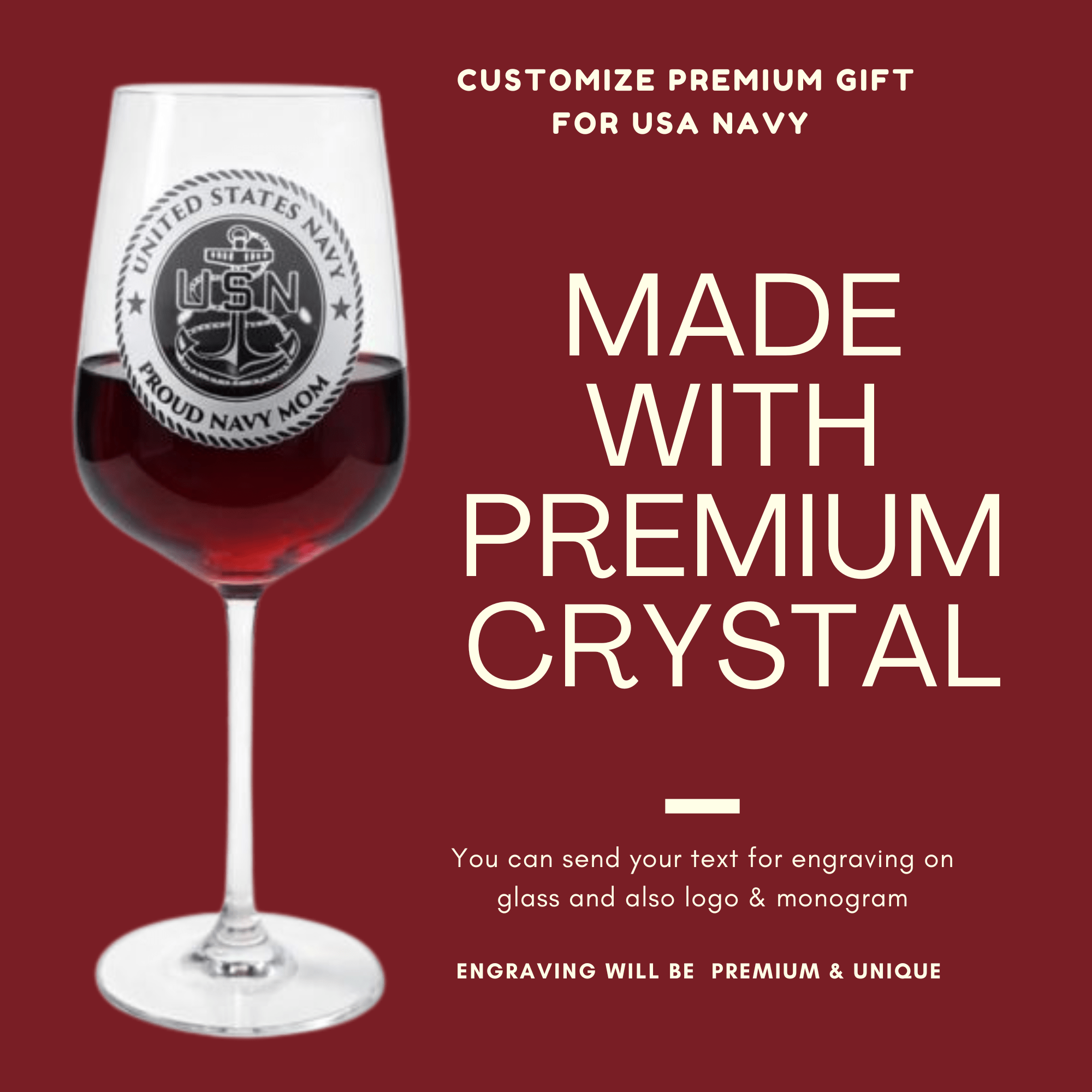 Custom US Navy Gift – Premium Engraved Crystal Wine & Whiskey Glass, Military Navy Mom Veteran Gift Crystal House - Crystal House