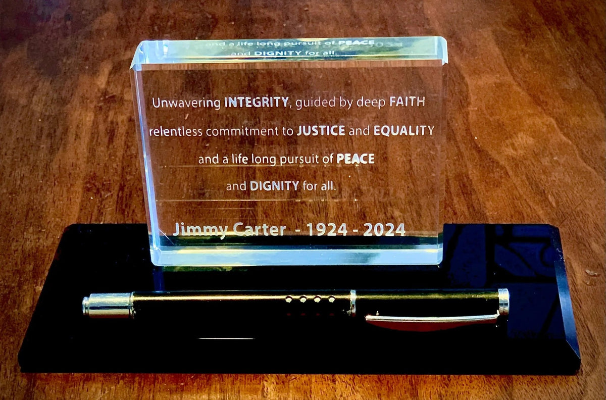 Inspire Desk Accessory – Crystal Block with Custom Mantra and Hugo Boss Pen Crystal House Promo