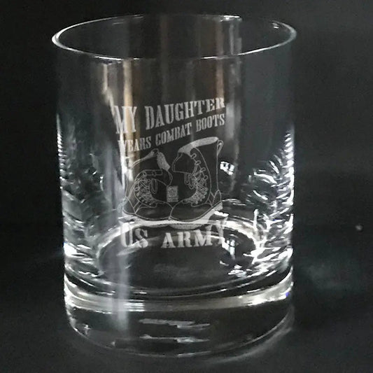 My daughter wears combat boots US Army on whiskey glass Crystal House