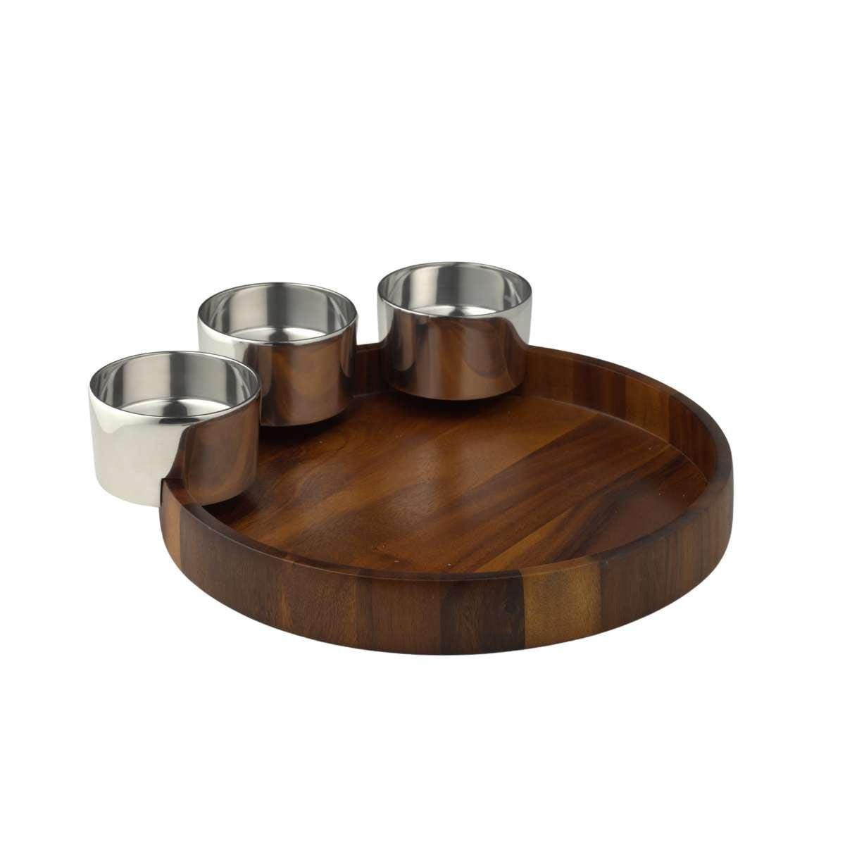 Nambé Oasis Chip & Dip Server – Acacia Wood & Alloy Serving Set Nambé- Crystal House