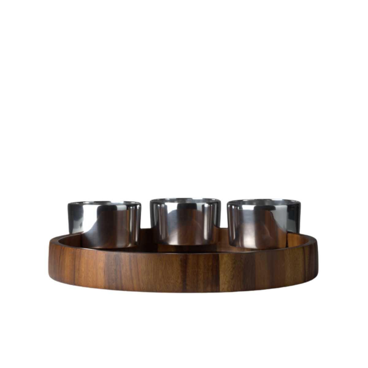 Nambé Oasis Chip & Dip Server – Acacia Wood & Alloy Serving Set Nambé- Crystal House