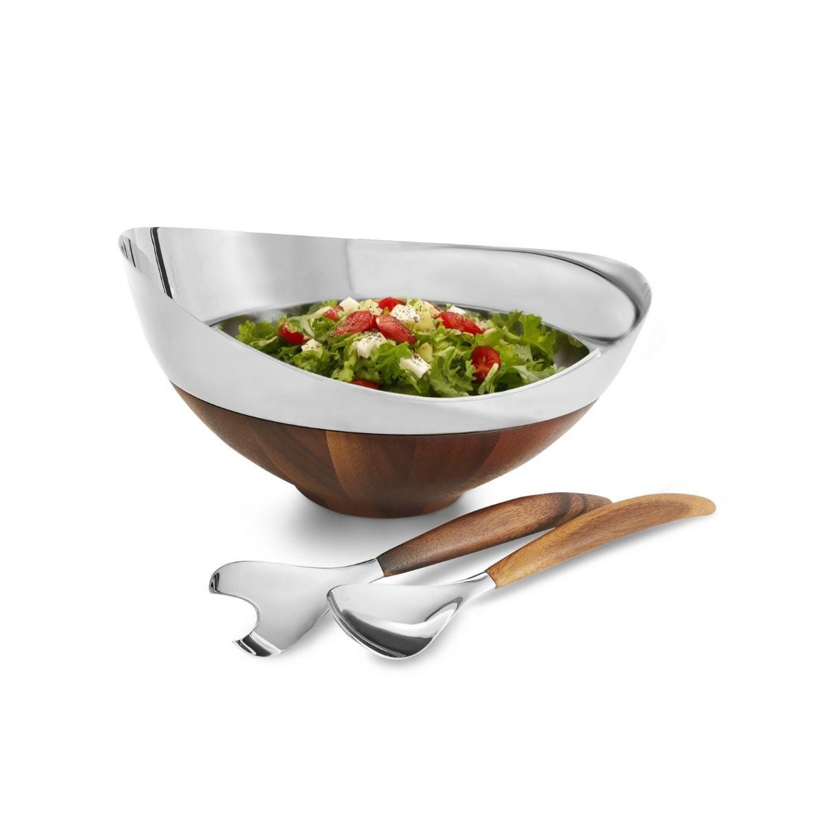Nambe Pulse Salad Bowl with Servers – Stainless Steel & Acacia Wood Nambé- Crystal House