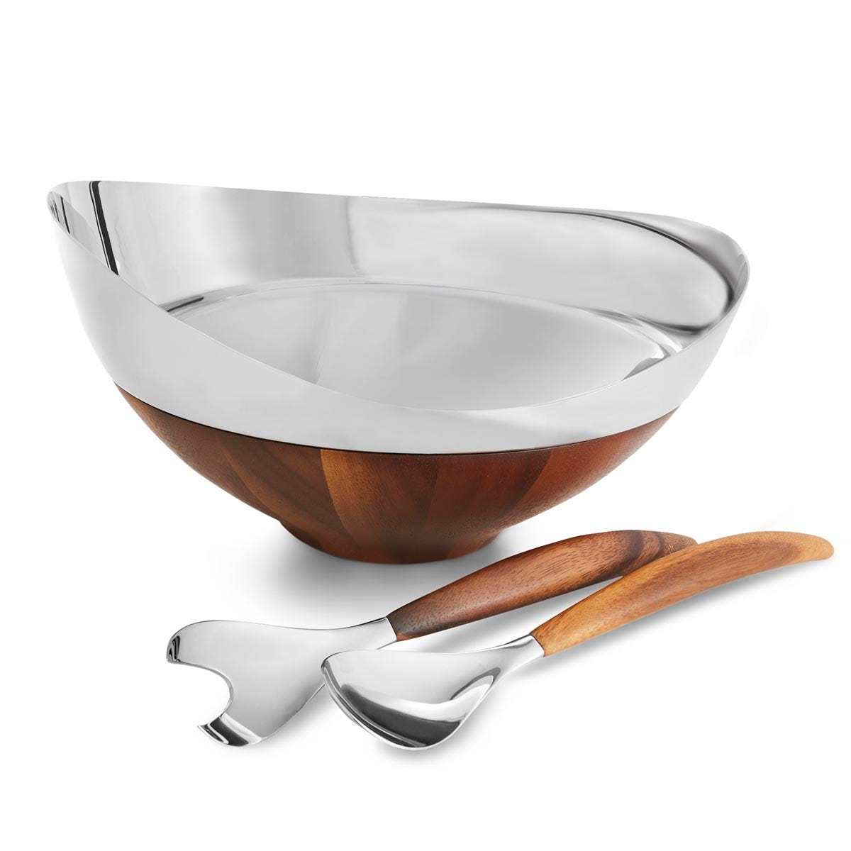 Nambe Pulse Salad Bowl with Servers – Stainless Steel & Acacia Wood Nambé- Crystal House