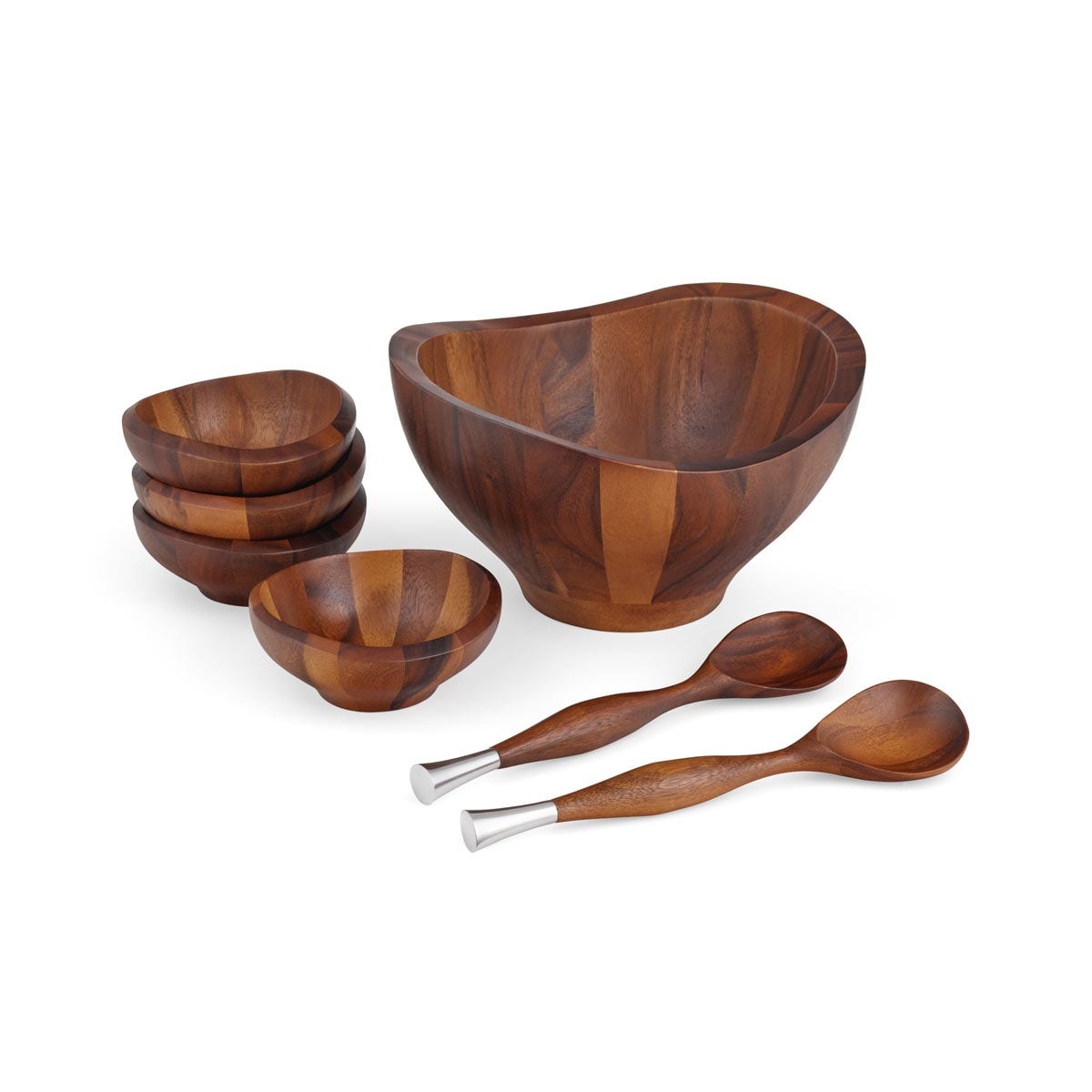 Nambe Solstice 7-Piece Salad Set – Acacia Wood & Alloy Serving Collection Nambé- Crystal House