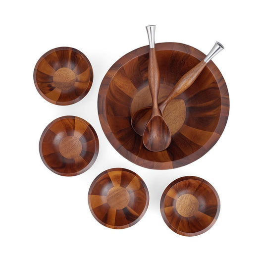 Nambe Solstice 7-Piece Salad Set – Acacia Wood & Alloy Serving Collection Nambé- Crystal House