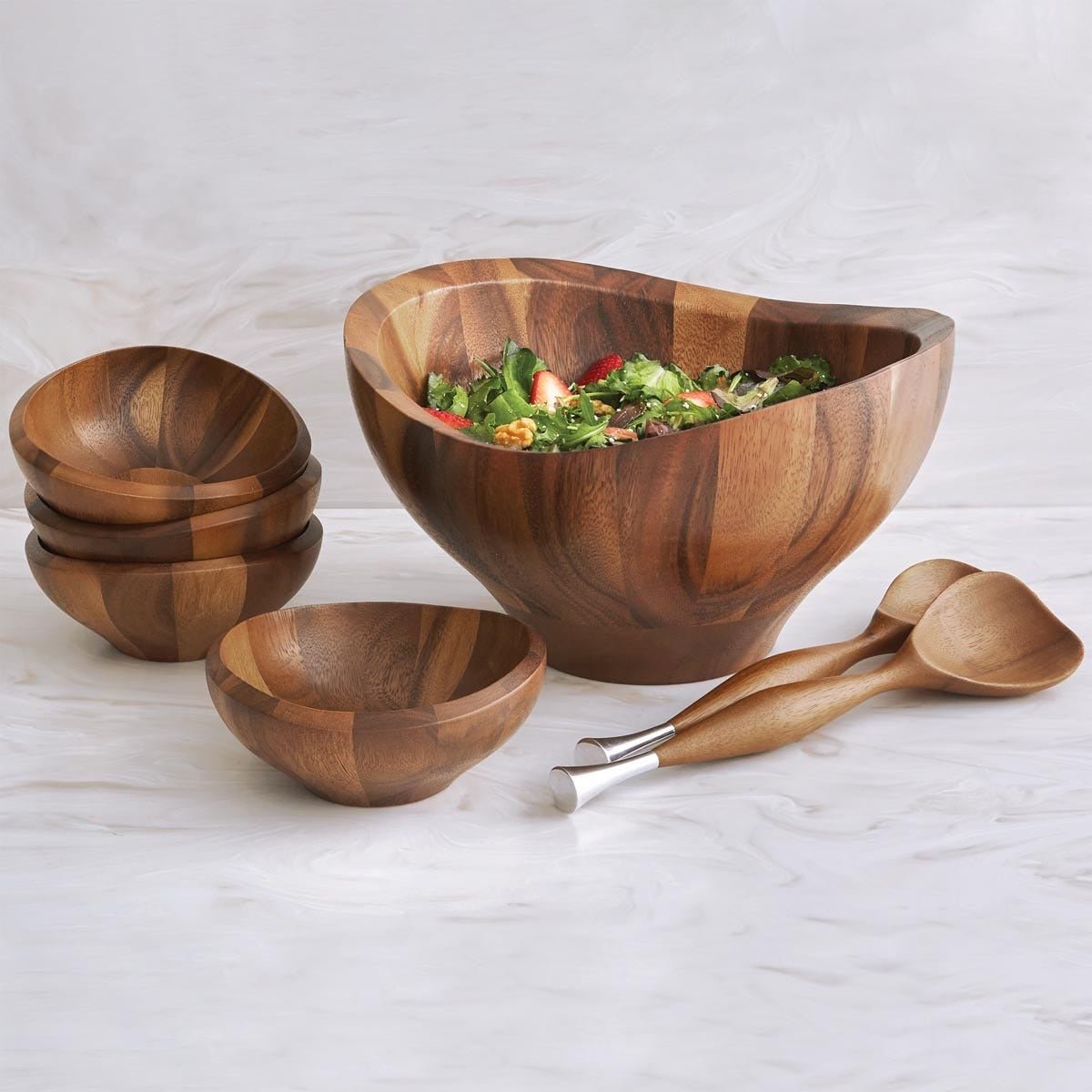 Nambe Solstice 7-Piece Salad Set – Acacia Wood & Alloy Serving Collection Nambé- Crystal House