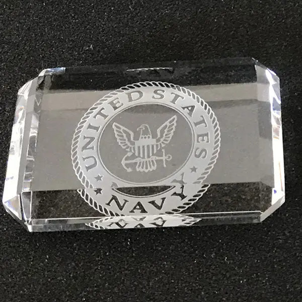 Navy Logo Engraved Crystal Paperweight, Custom Etched Desk Accessory for Military Gifts.