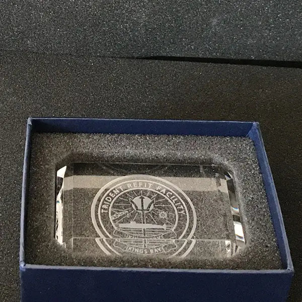 Navy Logo Engraved Crystal Paperweight, Custom Etched Desk Accessory for Military Gifts.