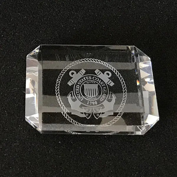 Navy Logo Engraved Crystal Paperweight, Custom Etched Desk Accessory for Military Gifts.