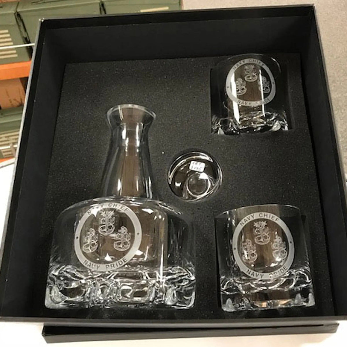 Navy Logo Orrefors Decanter Set - Custom Engraved Crystal Whiskey Gift for US Navy Veterans. 