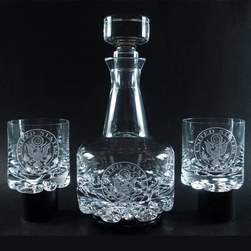 Navy Logo Orrefors Decanter Set - Custom Engraved Crystal Whiskey Gift for US Navy Veterans. 
