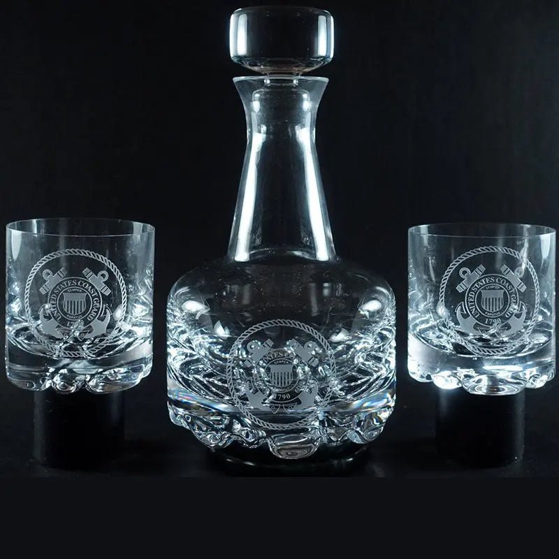 Navy Logo Orrefors Decanter Set - Custom Engraved Crystal Whiskey Gift for US Navy Veterans. 