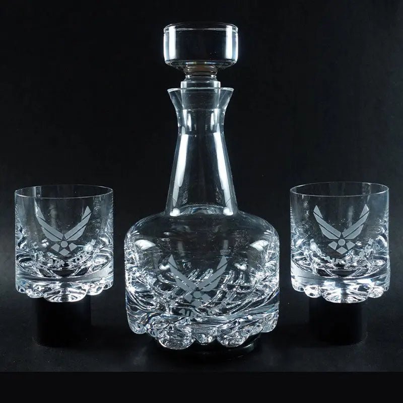 Navy Logo Orrefors Decanter Set - Custom Engraved Crystal Whiskey Gift for US Navy Veterans. 