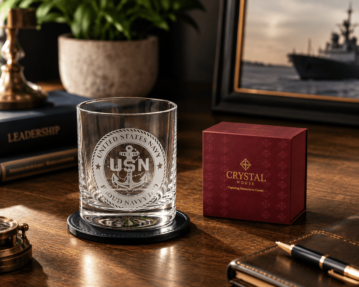 Premium Custom US Navy Gift – Fine Crystal Glass with Deep Sand Carved Engraving Crystal House - Crystal House