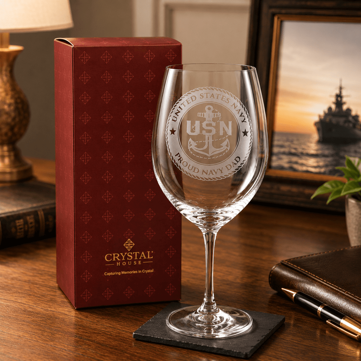 Premium Custom US Navy Gift – Fine Crystal Glass with Deep Sand Carved Engraving Crystal House - Crystal House