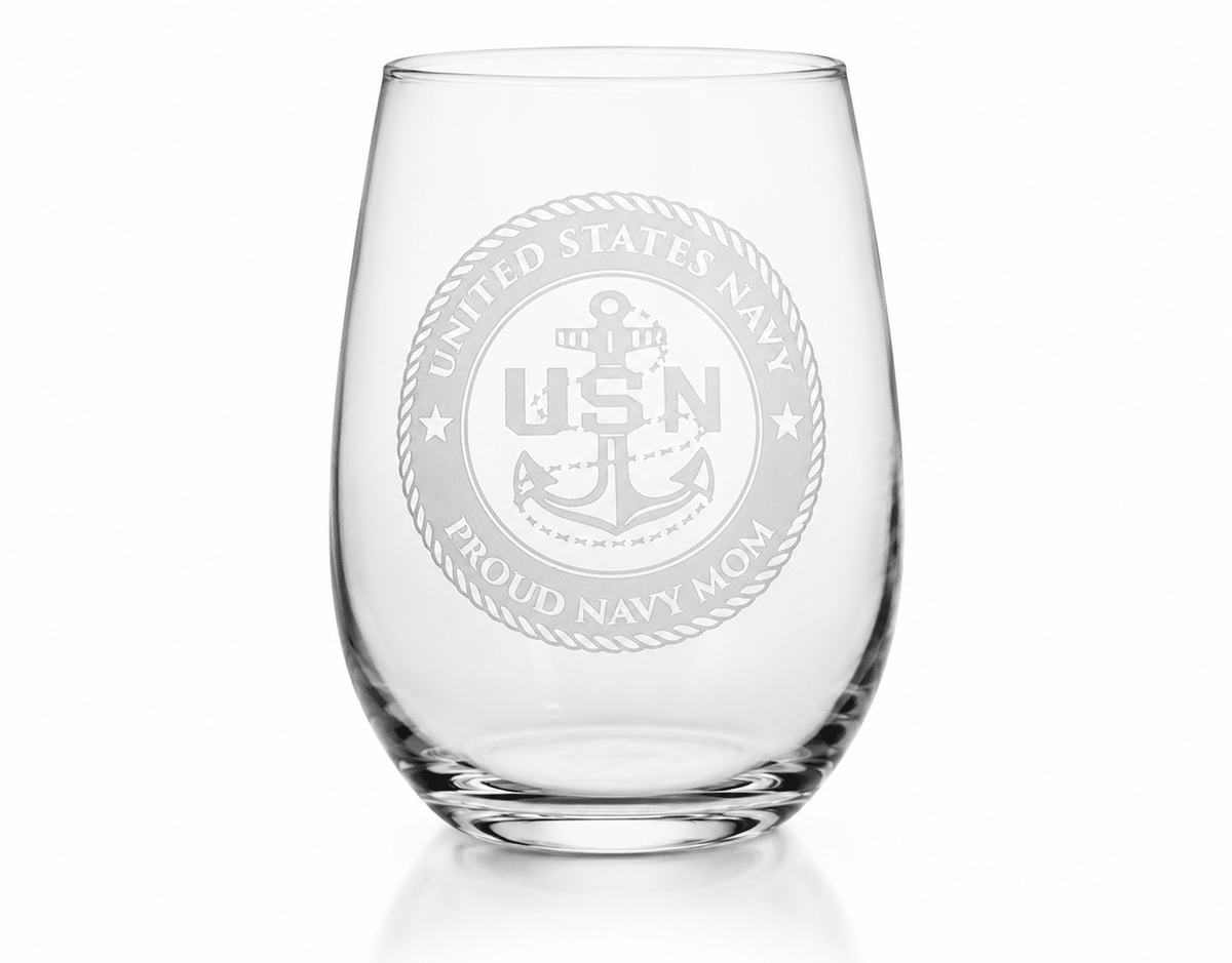 Premium Custom US Navy Gift – Fine Crystal Stemless Wine Whiskey Glass with Deep Sand Carved Engraving Crystal House - Crystal House