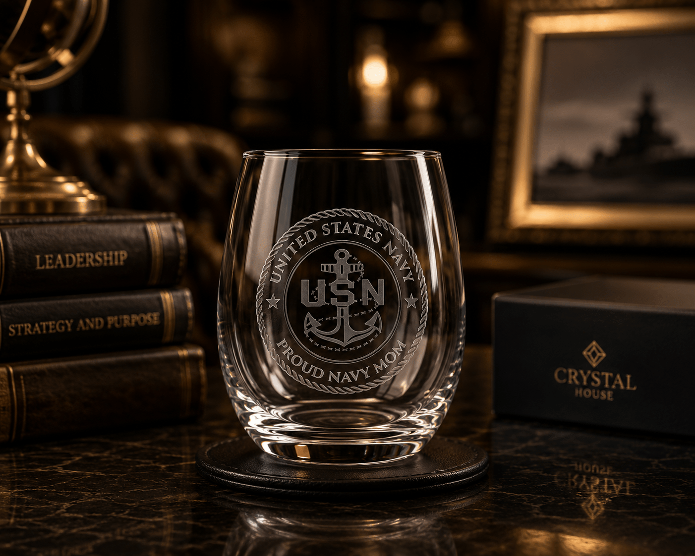 Premium Custom US Navy Gift – Fine Crystal Stemless Wine Whiskey Glass with Deep Sand Carved Engraving Crystal House - Crystal House