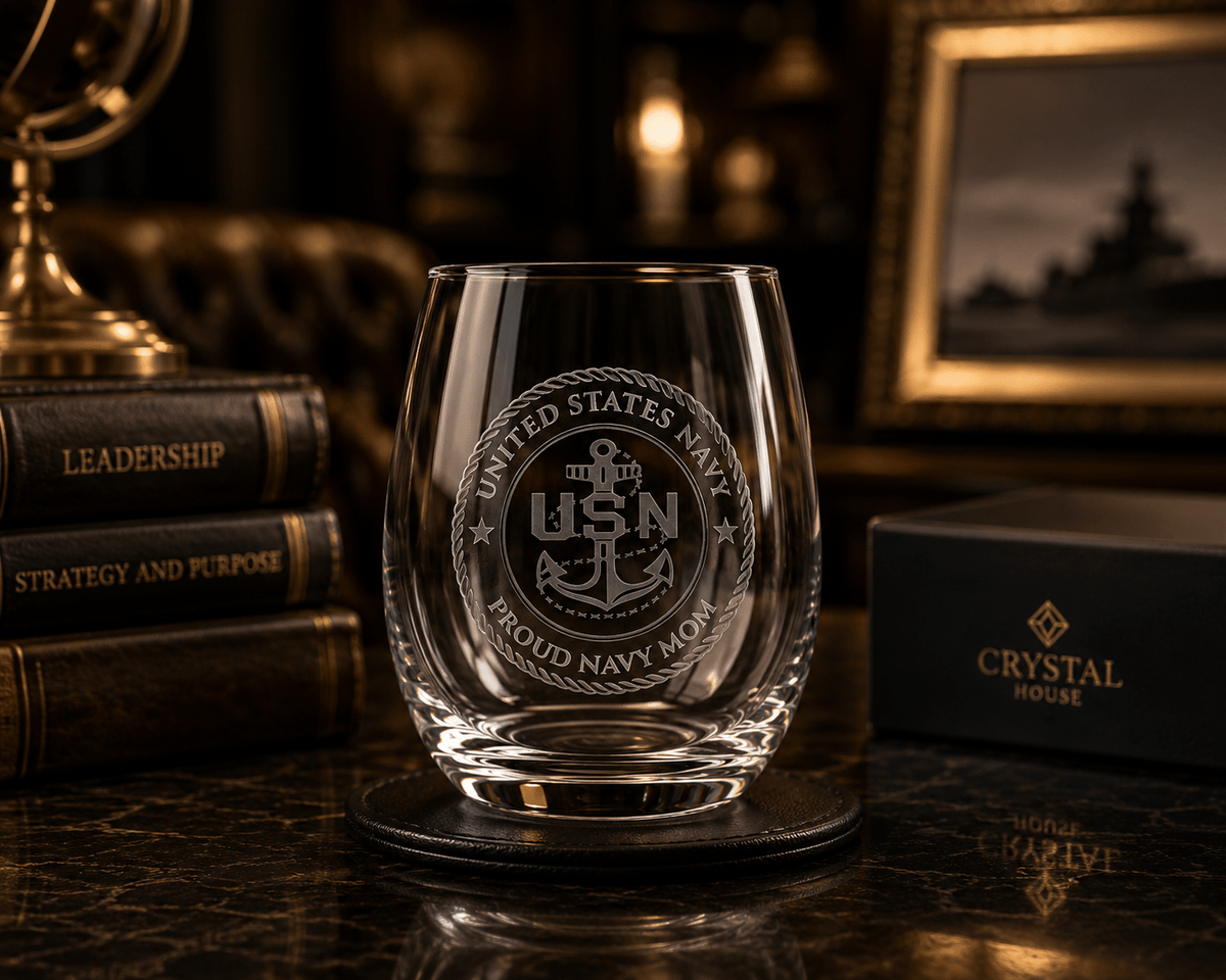 Premium Custom US Navy Gift – Fine Crystal Stemless Wine Whiskey Glass with Deep Sand Carved Engraving Crystal House - Crystal House