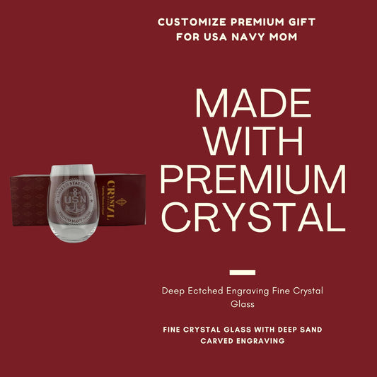 Premium Custom US Navy Gift – Fine Crystal Stemless Wine Whiskey Glass with Deep Sand Carved Engraving Crystal House - Crystal House