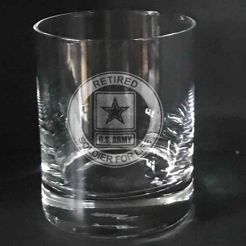 Retired soldier for life U.S Army engraved on whiskey glass Crystal House