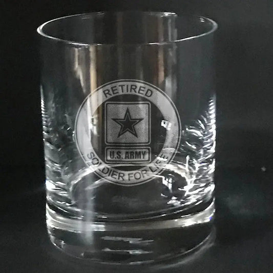 Retired soldier for life U.S Army engraved on whiskey glass Crystal House