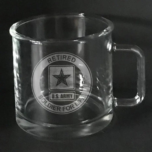 Retired Soldier for life US Army on warm beverage mug Crystal House