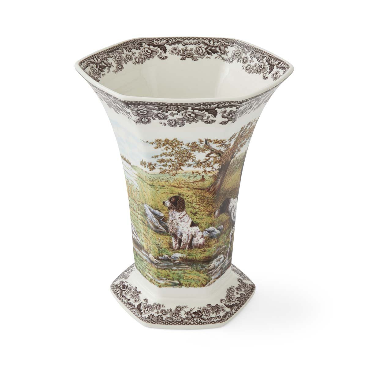 Spode Woodland Hexagonal Vase, Hunting Dogs Spode - Crystal House