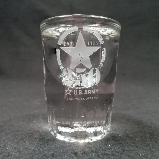 US Army commemorative shot glass, Engraved crystal Army shot glass, 250th anniversary collectible glass, Premium engraved Army shot glass