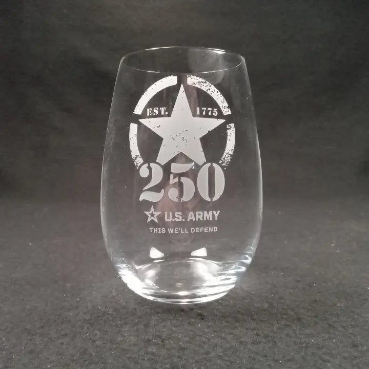 US Army 250th Anniversary Stemless Wine Glass - Limited Edition - PAIR Crystal House