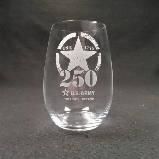 US Army 250th Anniversary Stemless Wine Glass - Limited Edition - PAIR Crystal House