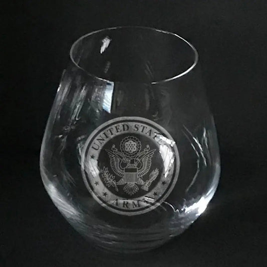 US Army insignia  engraved on stemless wine glass Crystal House