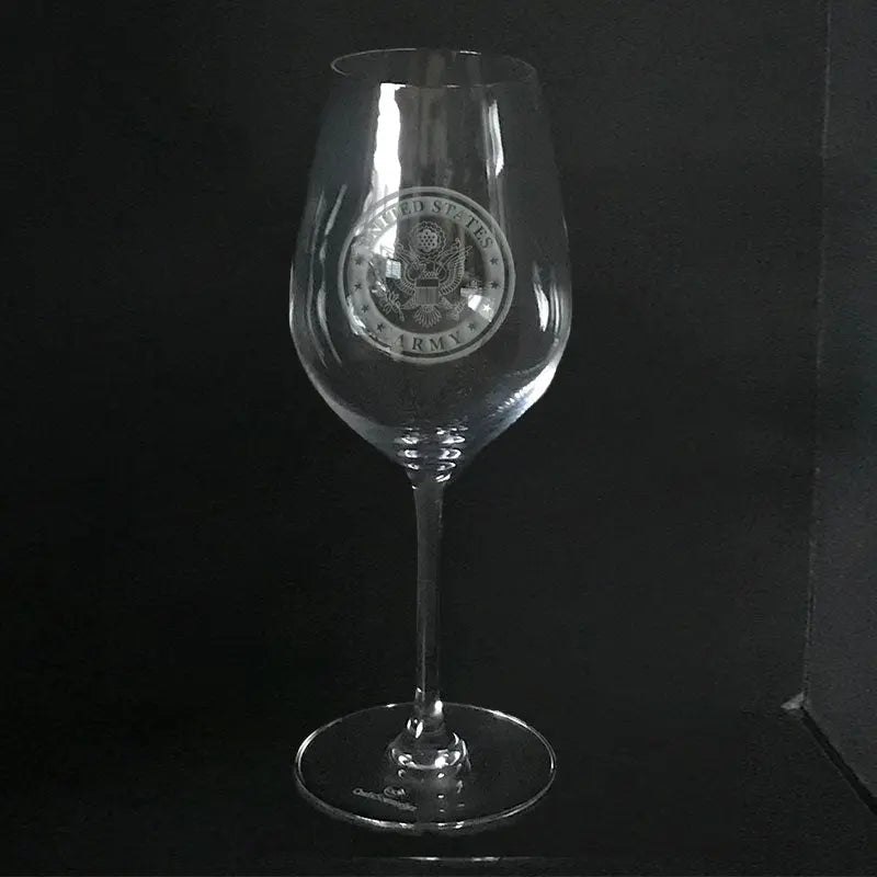 US Army Insignia White Wine Glass Custom Engraved Crystal Stemware for Military Gifts.