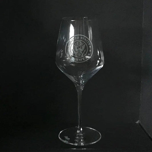 US Army Insignia White Wine Glass Custom Engraved Crystal Stemware for Military Gifts.