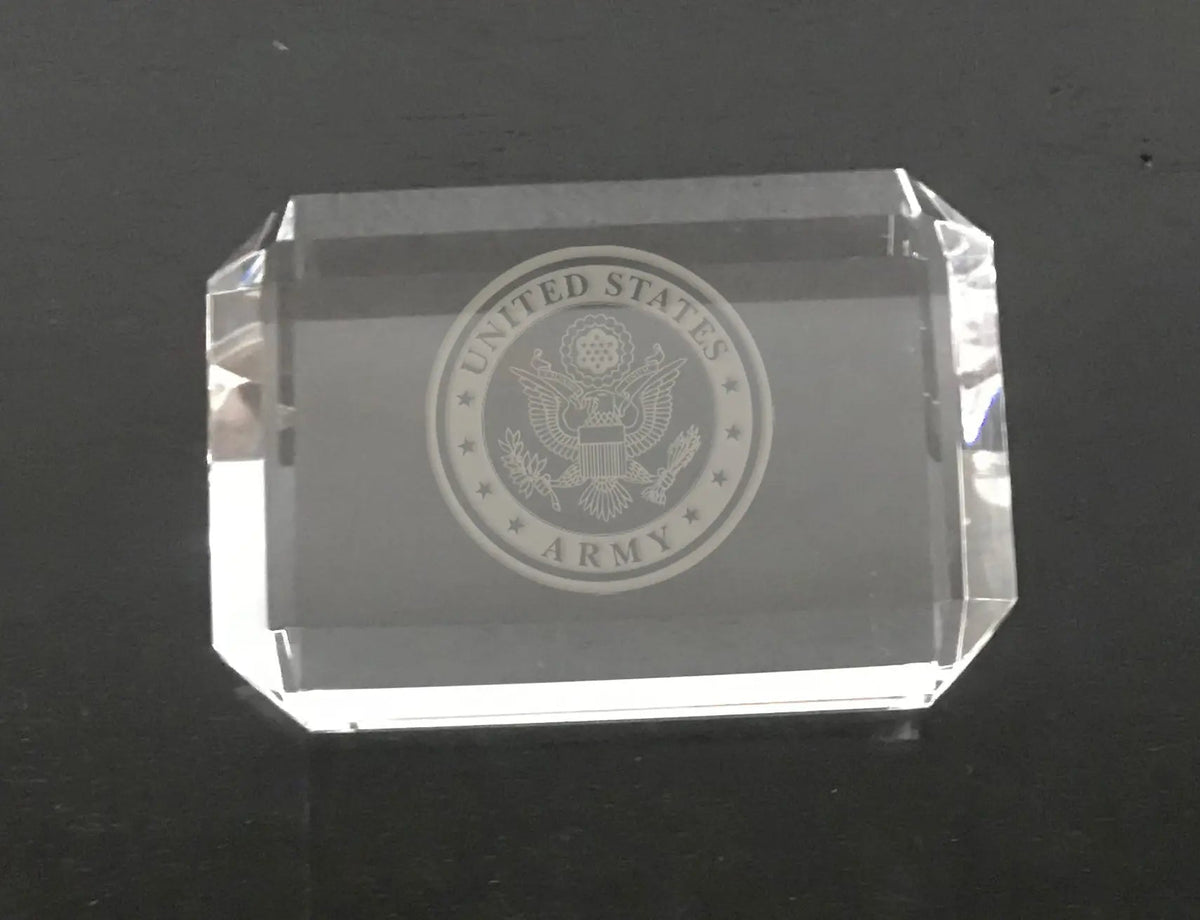 US Army Logo Paperweight - Custom Engraved Crystal Desk Accessory for Military Gifts.