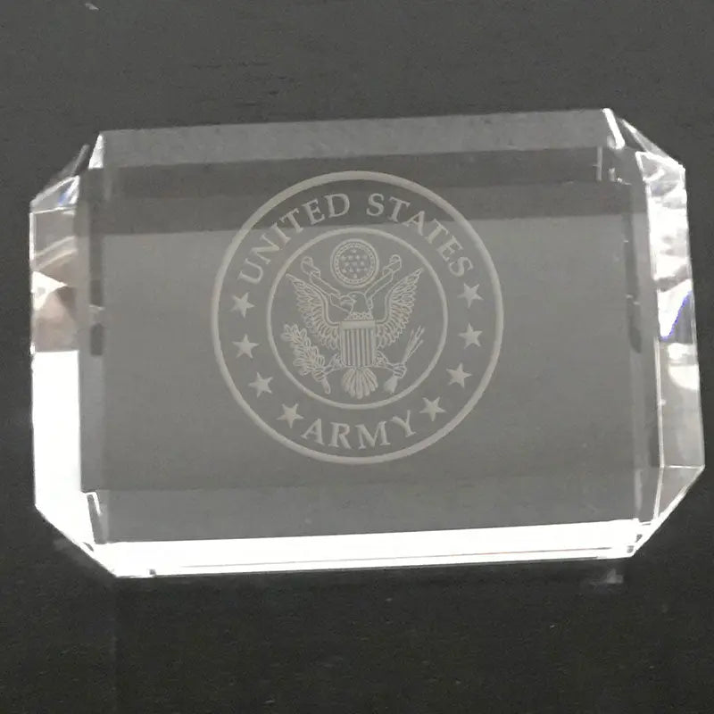 US Army Logo Paperweight - Custom Engraved Crystal Desk Accessory for Military Gifts.