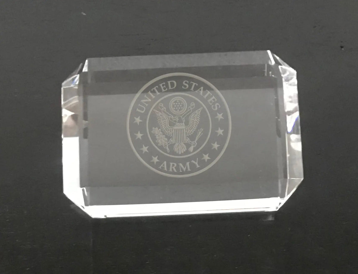 US Army Logo Paperweight - Custom Engraved Crystal Desk Accessory for Military Gifts.